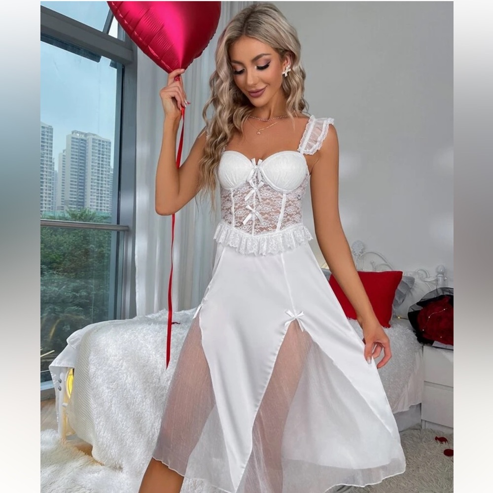 Romantic White Chemise with Sheer Mesh Skirt